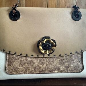 Coach Parker Shoulder Bag with Border Rivets & Snakeskin Detail - Tan/Platinum